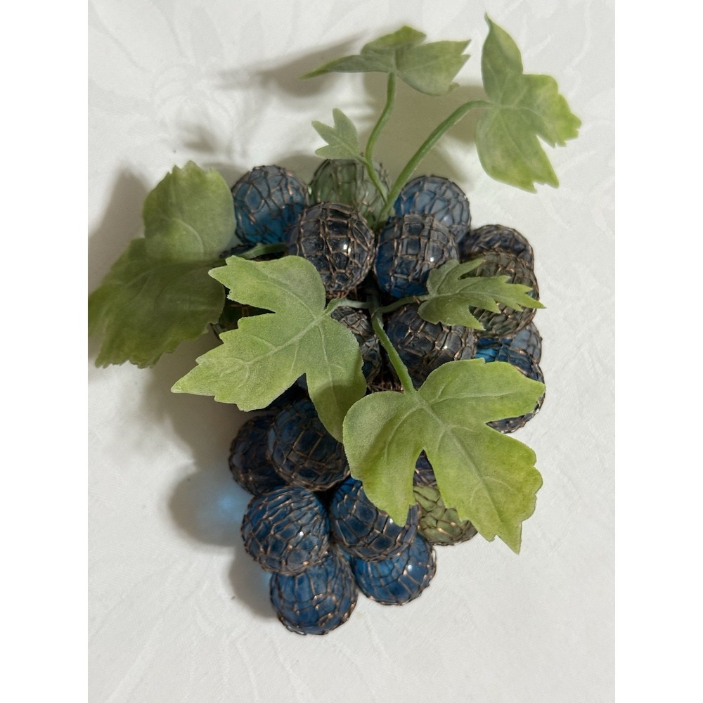 Vintage MCM Hand Blown Glass Grape Bunch Wire Wrapped Cluster Blue Green